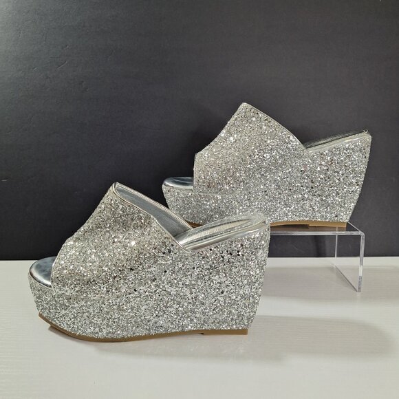 Women’s Silver Glitter Slip On Mule Wedge Sandals Peep Toe Size 37 (US ~6.5–7) - Picture 1 of 10